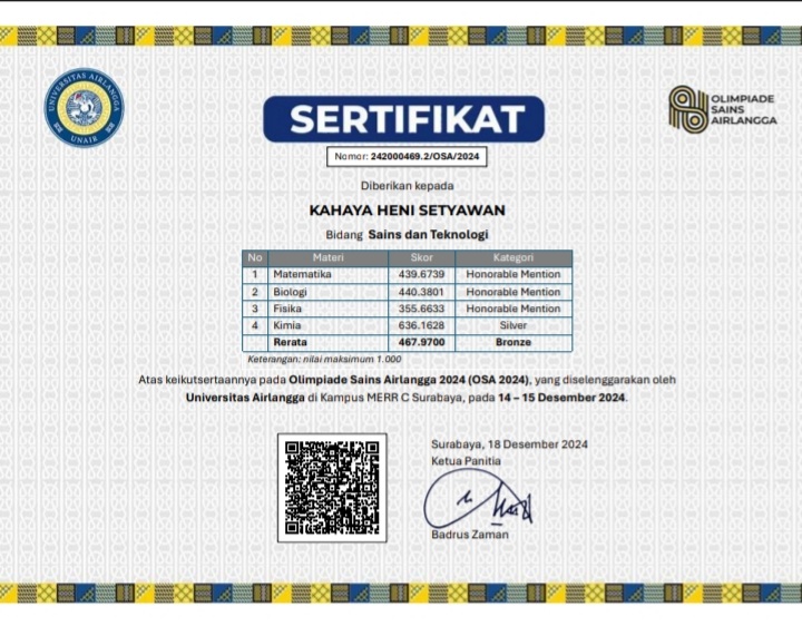 MEDALI PERUNGGU BIDANG SAINTEK OLIMPIADE SAINS AIRLANGGA 2024 (OSA 2024)