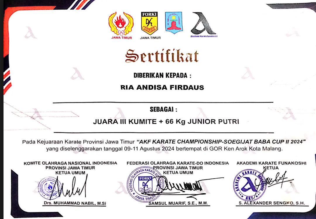 JUARA Ill KUMITE + 66 Kg JUNIOR PUTRI - Pada Kejuaraan Karate Provinsi Jawa Timur \