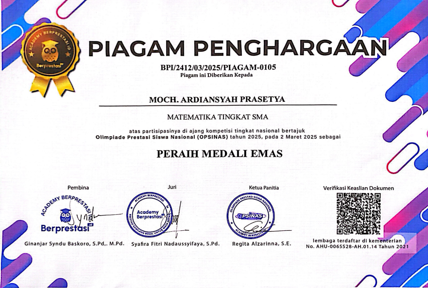 MEDALI EMAS BIDANG MATEMATIKA PADA OLIMPIADE PRESTASI SISWA NASIONAL 
