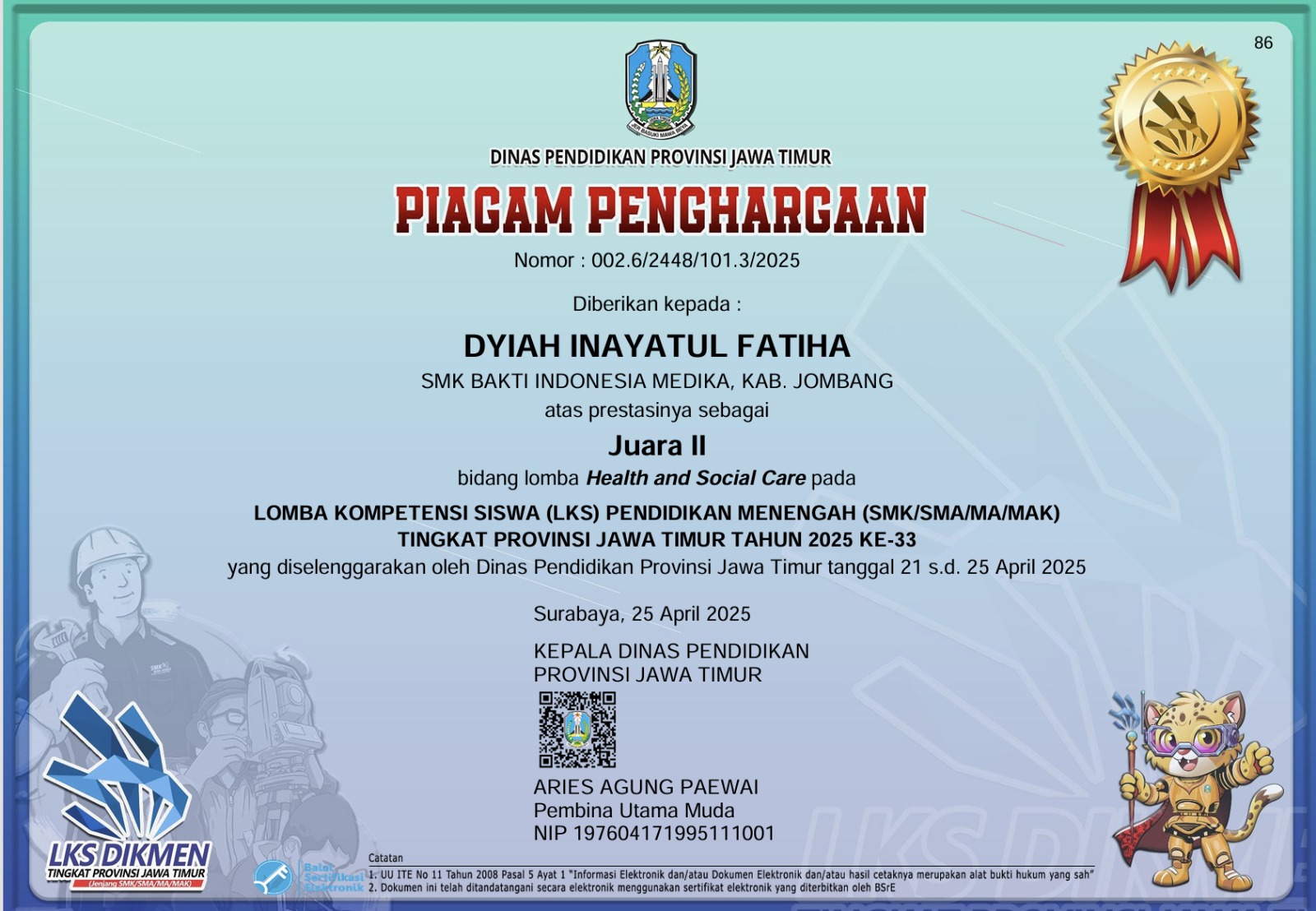 JUARA II LKS DIKMEN BIDLOM HEALTH AND SOCIAL CARE TK PROVINSI JAWA TIMUR