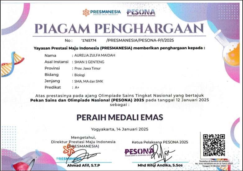 MEDALI EMAS PEKAN SAINS DAN OLIMPIADE NASIONAL bidang biologi 
