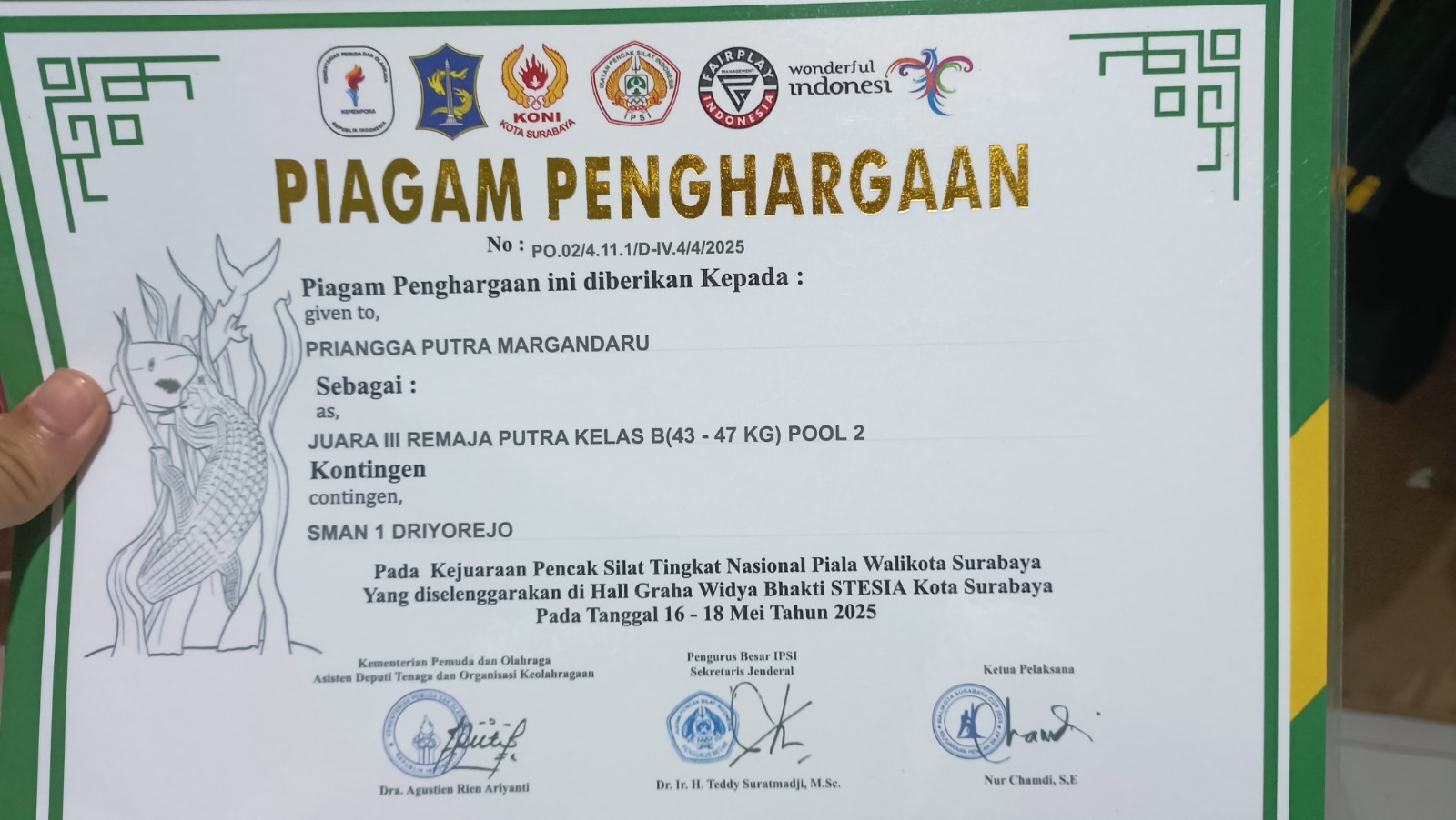 JUARA III REMAJA PUTRA KELAS B( 43-47 Kg) POOL 2 PADA KEJUARAAN PENCAK SILAT TINGKAT NASIONAL PIALA WALI KOTA SURABAYA