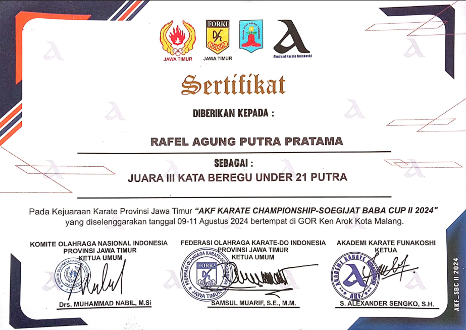 JUARA Ill KATA BEREGU UNDER 21 PUTRA - Pada Kejuaraan Karate Provinsi Jawa Timur \