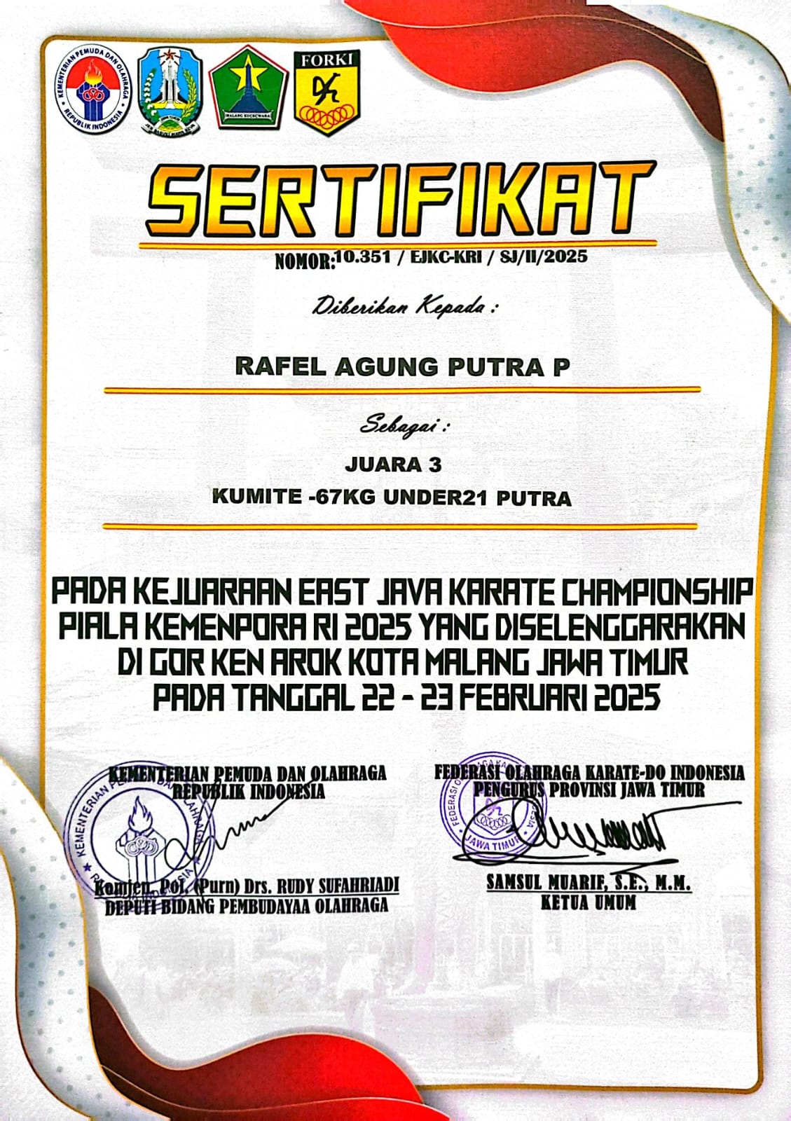Juara III (Medali Perunggu) Kumite -67 Kg U-21 Putra pada OPEN EAST JAVA KARATE CAMPIONSHIP PIALA KEMENPORA PUSAT RI TINGKAT NASIONAL”, Cabang Olahraga Karate