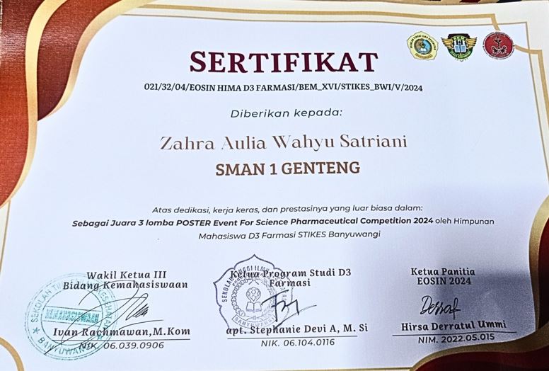 JUARA 3 LOMBA POSTER EVENT SCIENCE PHARMACEUTICAL COMPETENTION 2024 EOSIN STIKES BANYUWANGI 