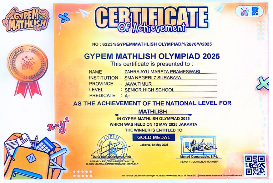 MEDALI EMAS BIDANG MATLISH PADA GYPEM MATHLISH 