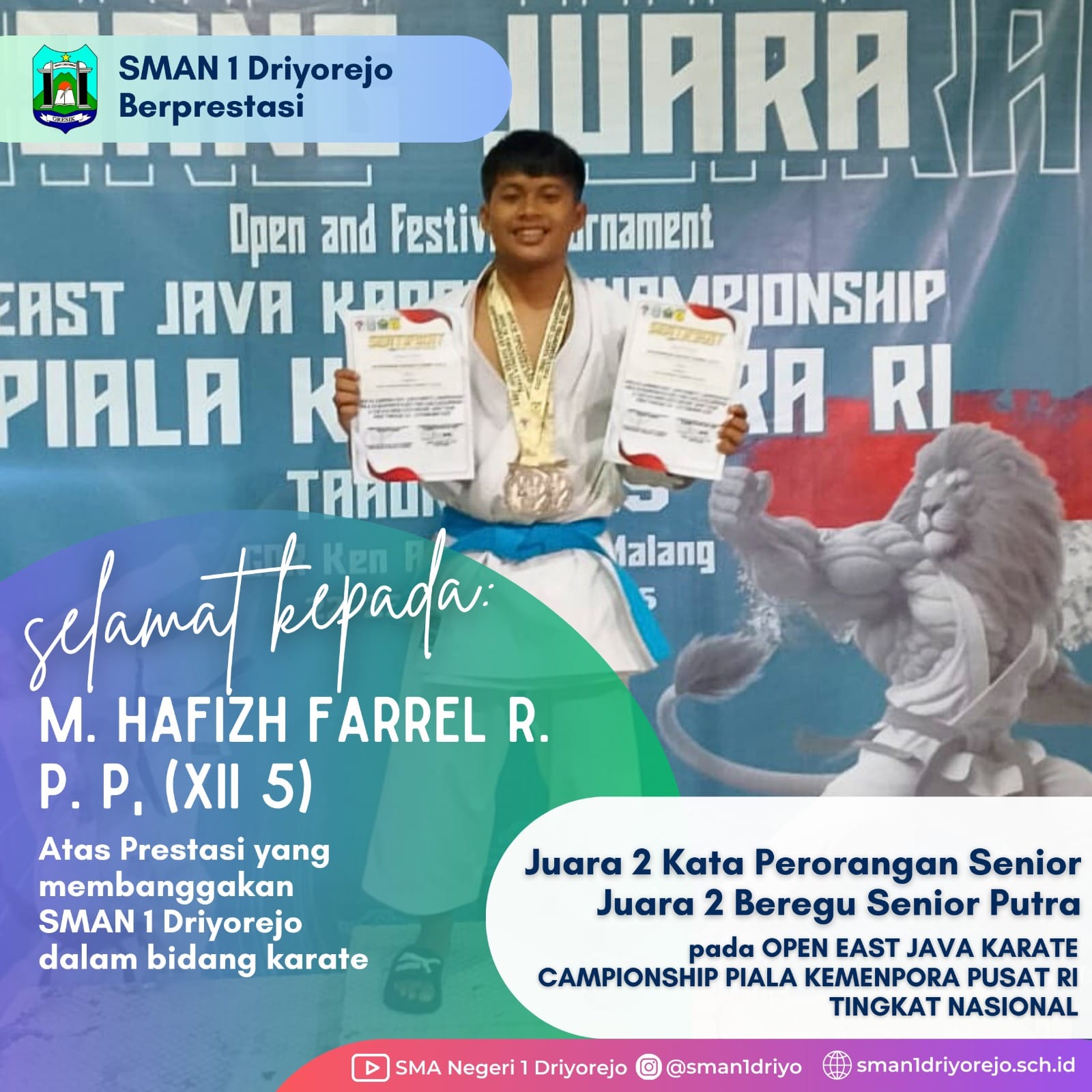 Juara II (Medali Perak) Beregu Senior Putra pada OPEN EAST JAVA KARATE CAMPIONSHIP PIALA KEMENPORA PUSAT RI TINGKAT NASIONAL”, Cabang Olahraga Karate