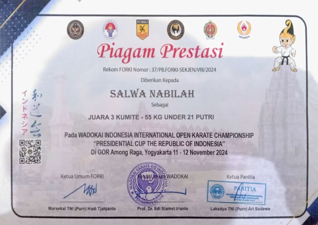 JUARA 3 KUMITE -55 KH UNDER 21 PUTRI PADA WADOKAI INDONESIA INTERNATIONAL OPEN KARATE CHAMPIONSHIP \