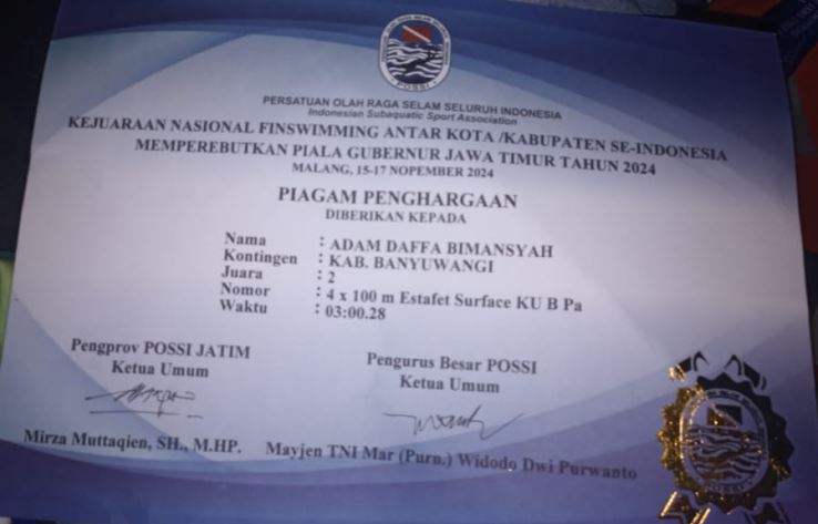 JUARA 2 KEJUARAAN NASIONAL FINSWIMMING ANTAR KOTA/KABUPATEN SE-INDONESIA NOMOR 4X100M ESTAFET SURFACE KU B Pa