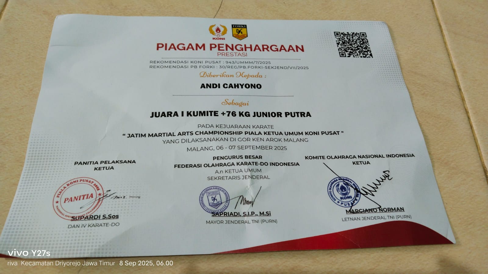 JUARA 1 KUMITE +75 Kg JUNIOR PUTRA 