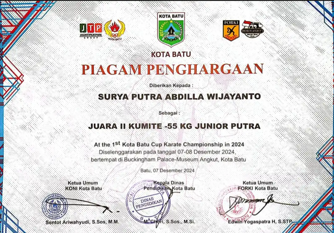 Juara II Kumite -55kg junior putra pada first Kota batu cup karate championship 2024
