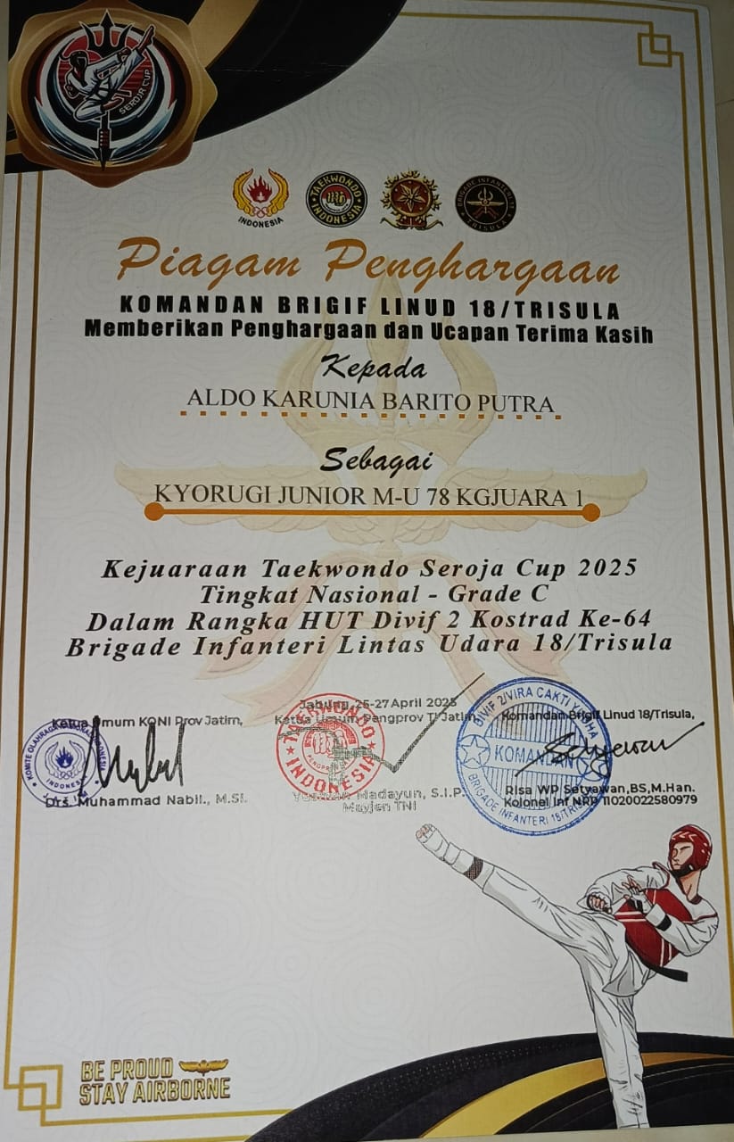 JUARA 1 KEJUARAAN  TAEKWONDO SEROJA C TINGKAT NASIONALUP 2025 