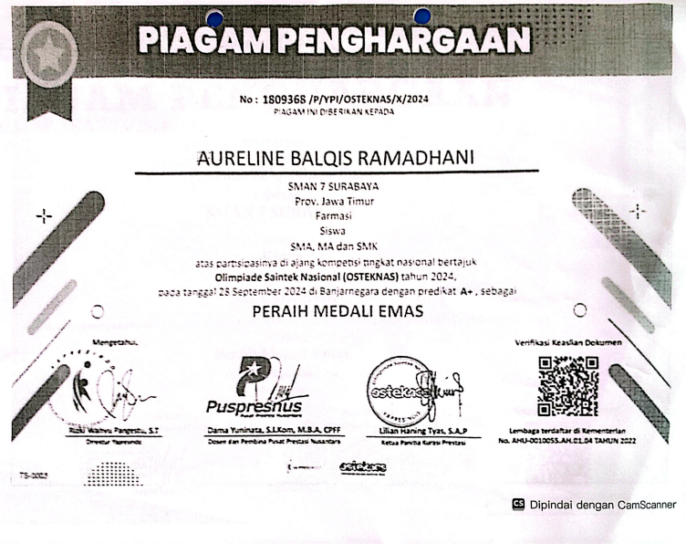 MEDALI EMAS BIDANG FARMASI OLIMPIADE SAINTEK NASIONAL