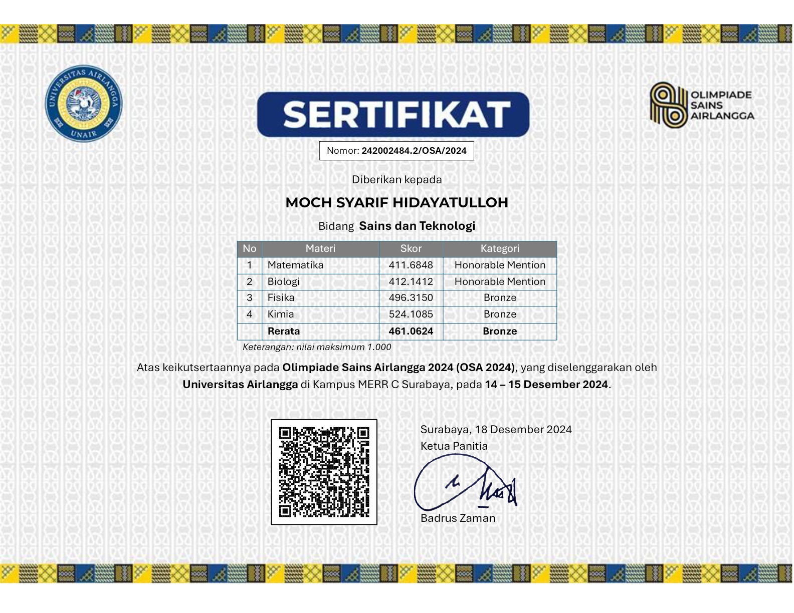 MEDALI PERUNGGU BIDANG SAINTEK OLIMPIADE SAINS AIRLANGGA 2024 (OSA 2024)