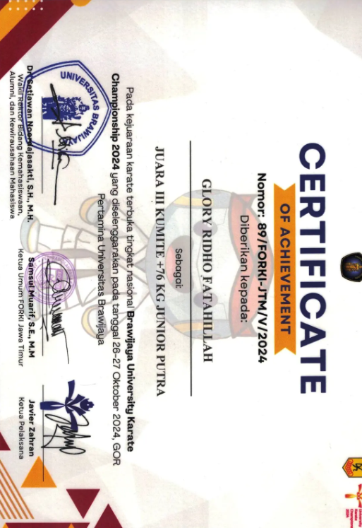 JUARA 2 KUMITE +76 KG JUNIOR PUTRA PADA KEJUARAAN KARATE TERBUKA TINGKAT NASIONAL GRAWIJAYA UNIVERSITY KARATE CHAMPIONSHIP 2024