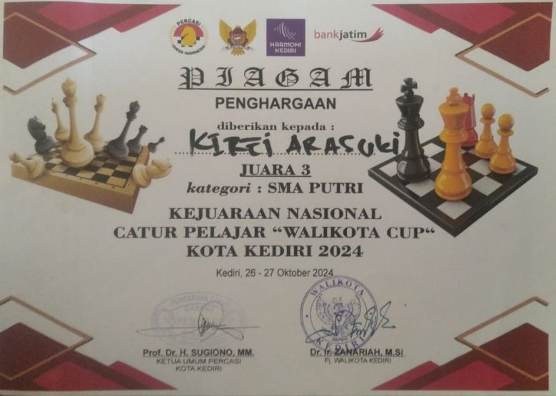 JUARA 3 KEJUARAAN NASIONAL CATUR PELAJAR WALIKOTA CUP KOTA KEDIRI 