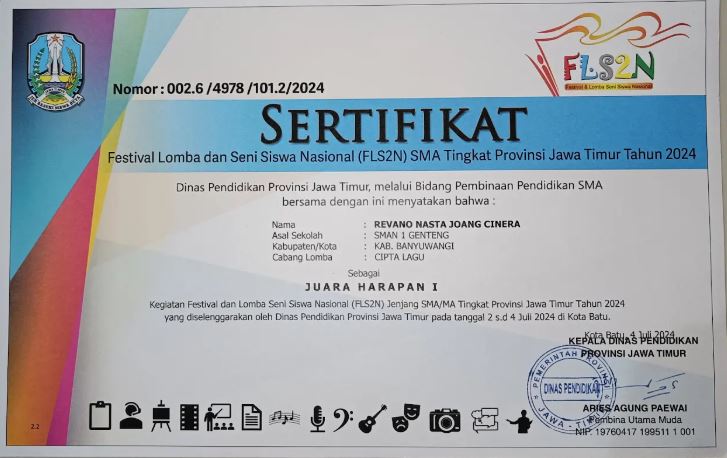 JUARA HARAPAN 1 CABANG LOMBA CIPTA LAGU FLS2N PROVINSI 2024