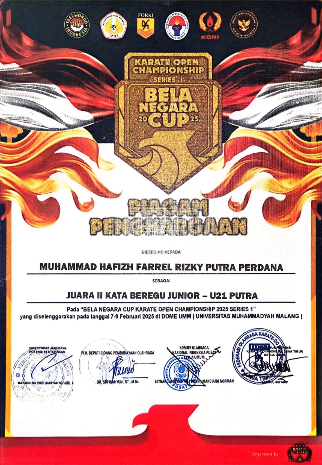 Juara II Kata Beregu junior U-21 putra pada KEJUARAAN NASIONAL KARATE OPEN PIALA KEMENHAN RI SERIES I 2025 Cabang Olahraga Karate
