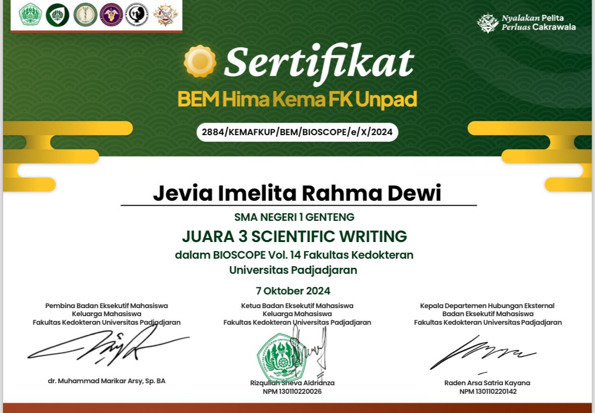 JUARA 3 SCIENTIFIC WRITING BIOSCOPE VOL 14 FAKULTAS KEDOKTERAN UNIVERSITAS PADJAJARAN