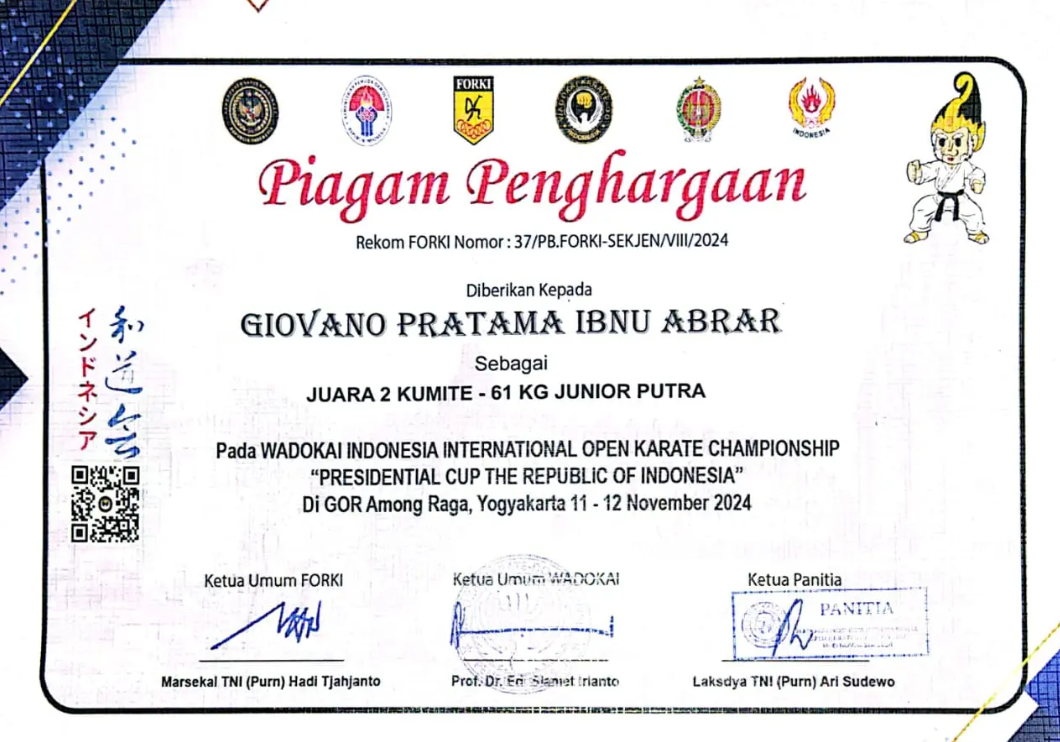 JUARA 2 KUMITE -61 KG JUNIOR PUTRA PADA WADOKAI INDONESIA INTERNATIONAL OPEN KARATE CHAMPIONSHIP \