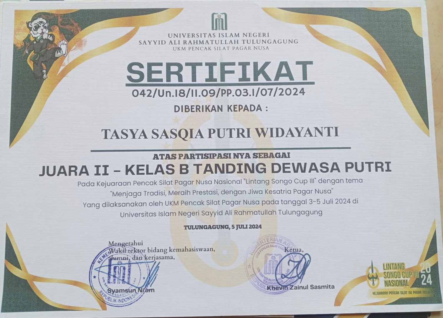 JUARA 1 TANDING KELAS D REMAJA PUTRI Dalam Kejuaraan Pencak Silat NU CUP-2023 (In NU CUP of Pencak Silat Championships)