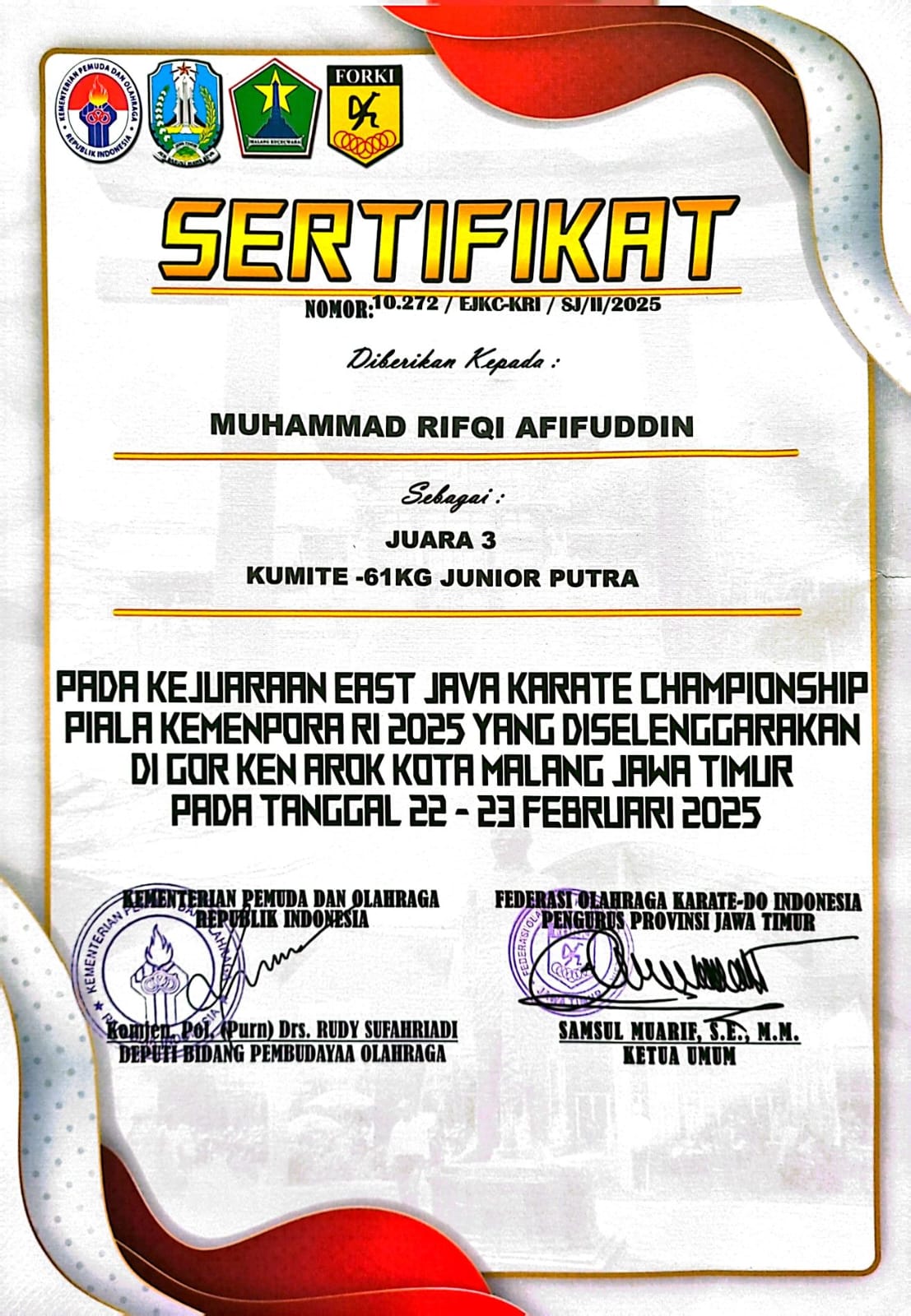 Juara III (Medal Perunggu), Kumite -61 Kg Junior Putra pada OPEN EAST JAVA KARATE CAMPIONSHIP PIALA KEMENPORA PUSAT RI TINGKAT NASIONAL”, Cabang Olahraga Karate