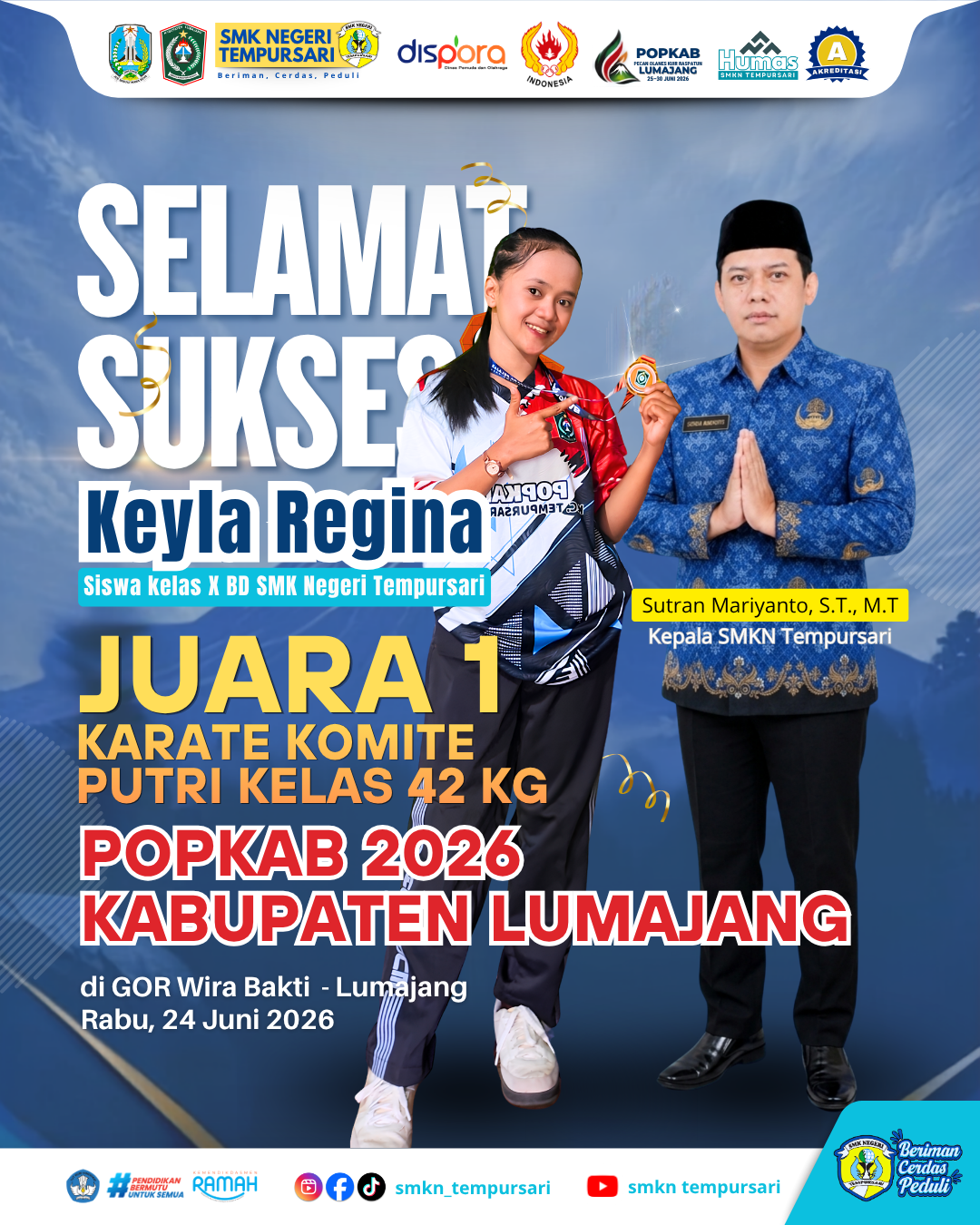 Juara 1 Karate Komite Putri Kelas 42 Kg dalam ajang POPKAB Kabupaten Lumajang Tahun 2026.